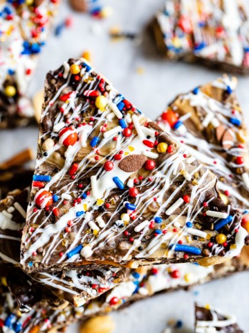 dark chocolate bark with peanut butter and football themed sprinkles