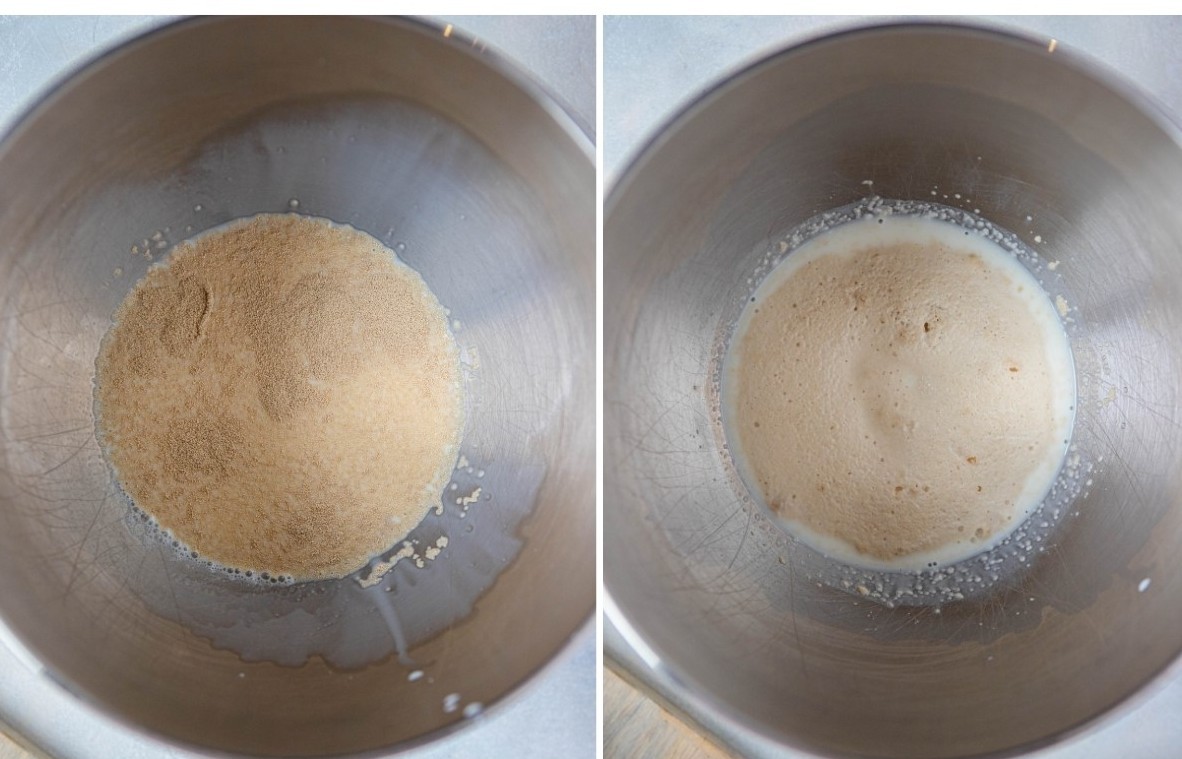 yeast in warm water in a mixing bowl