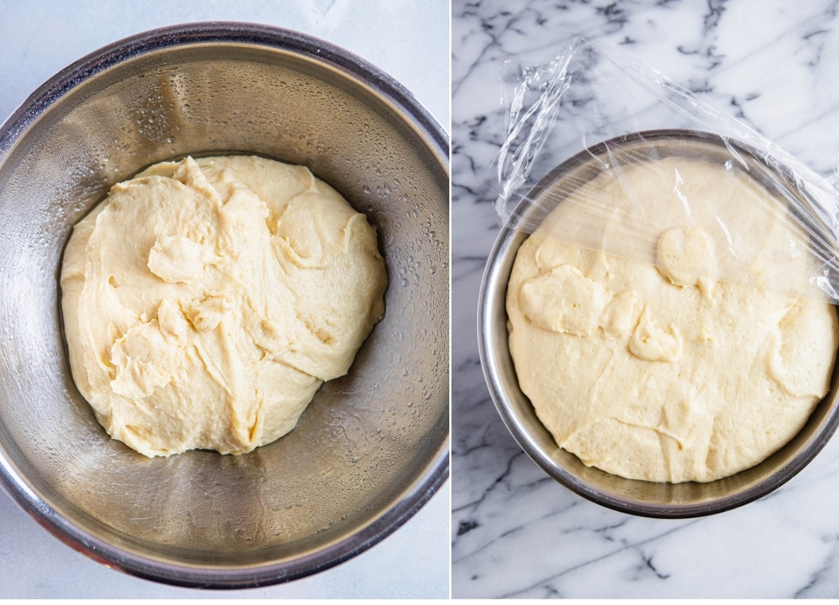 homemade dough for donuts in air fryer rising in a stainless mixing bowl