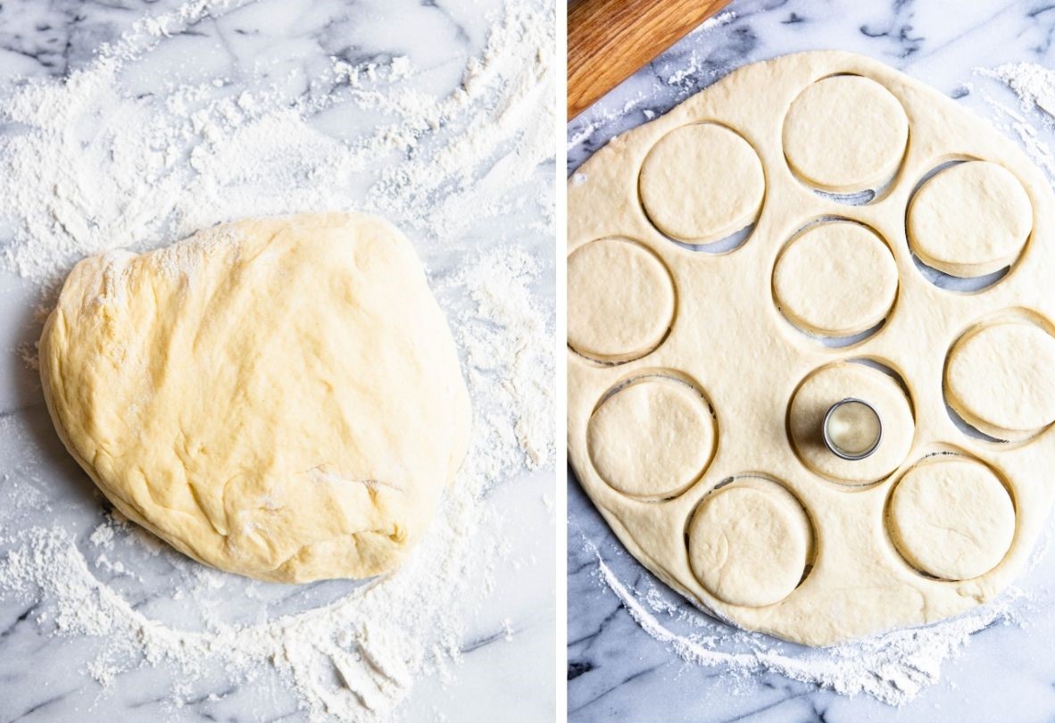 rolled out donut dough cut out into donuts