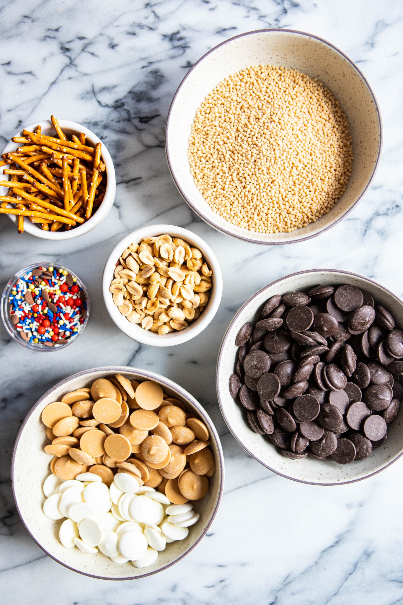 ingredients for dark chocolate bark with peanuts and pretzels