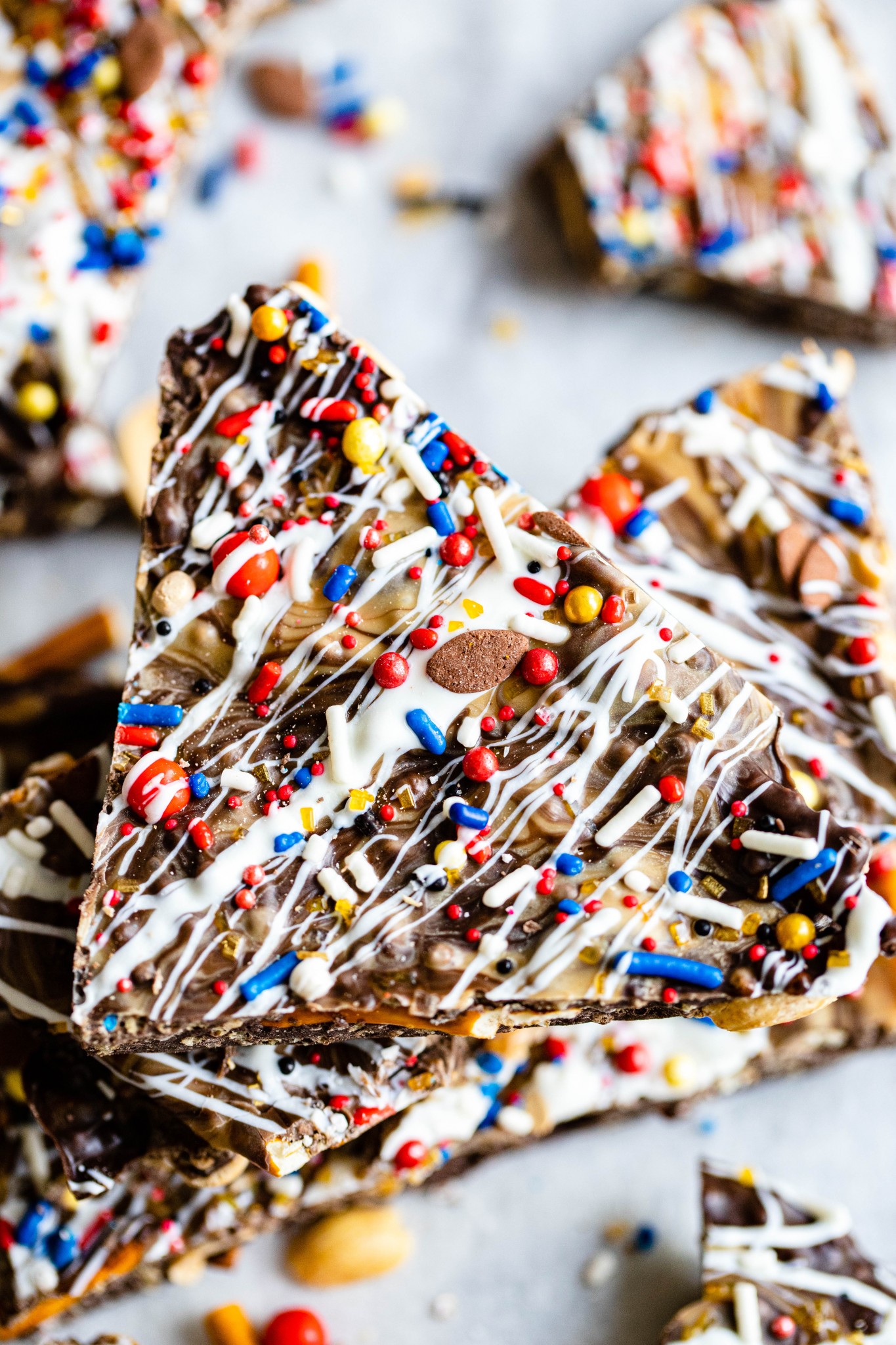 football themed sprinkles on top of bark for Super Bowl desserts ideas