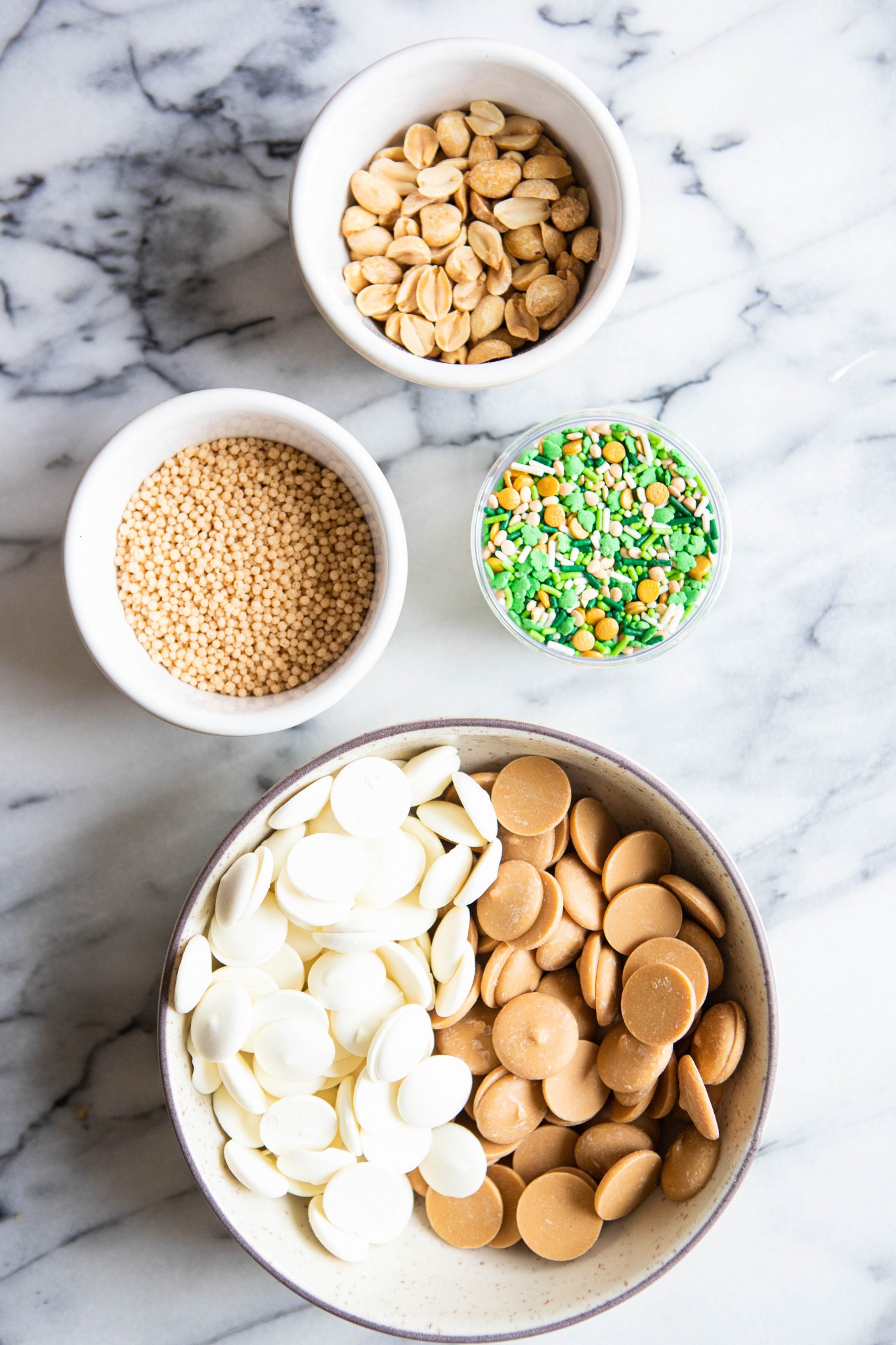 ingredients in white bowls, to make white chocolate bark