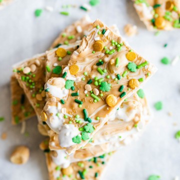 peanut butter white chocolate bark with St. Patrick's Day sprinkles