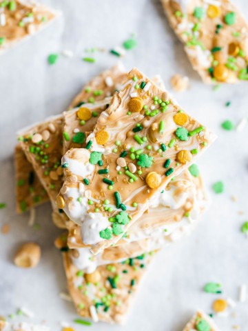 peanut butter white chocolate bark with St. Patrick's Day sprinkles