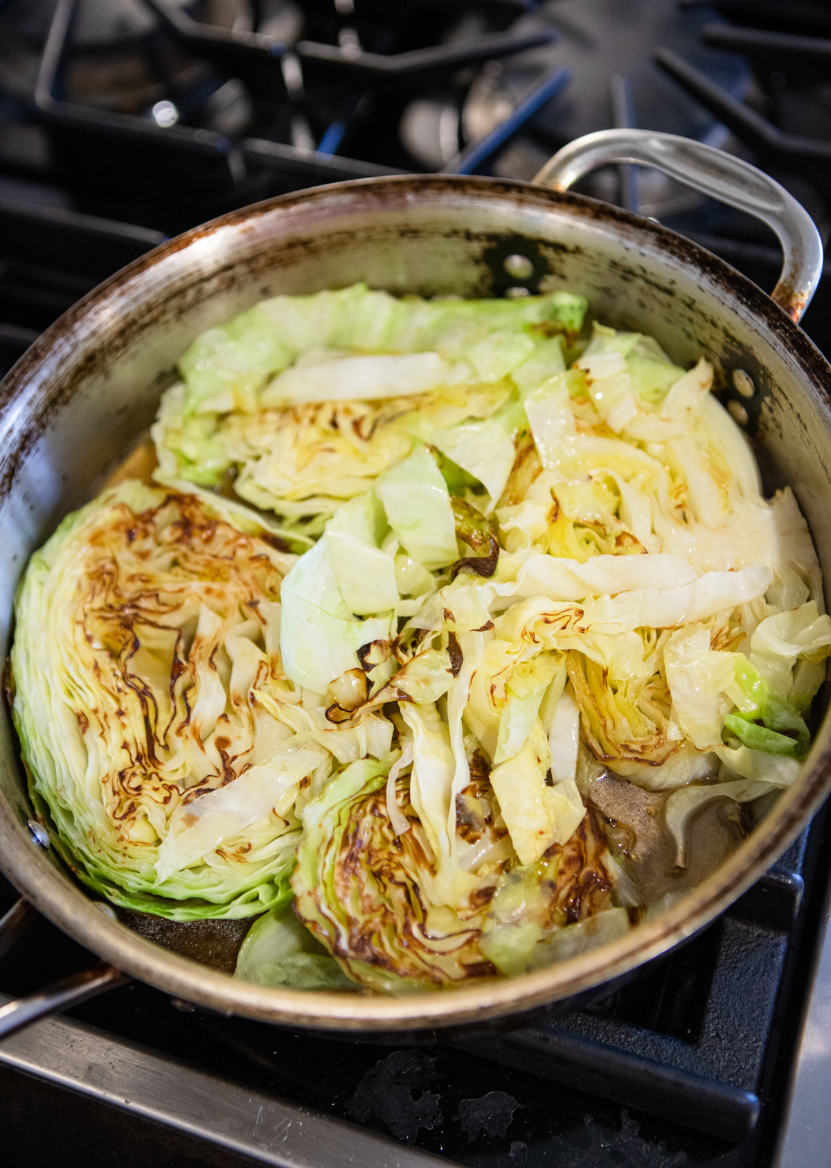 braised cabbage in a sauté pan
