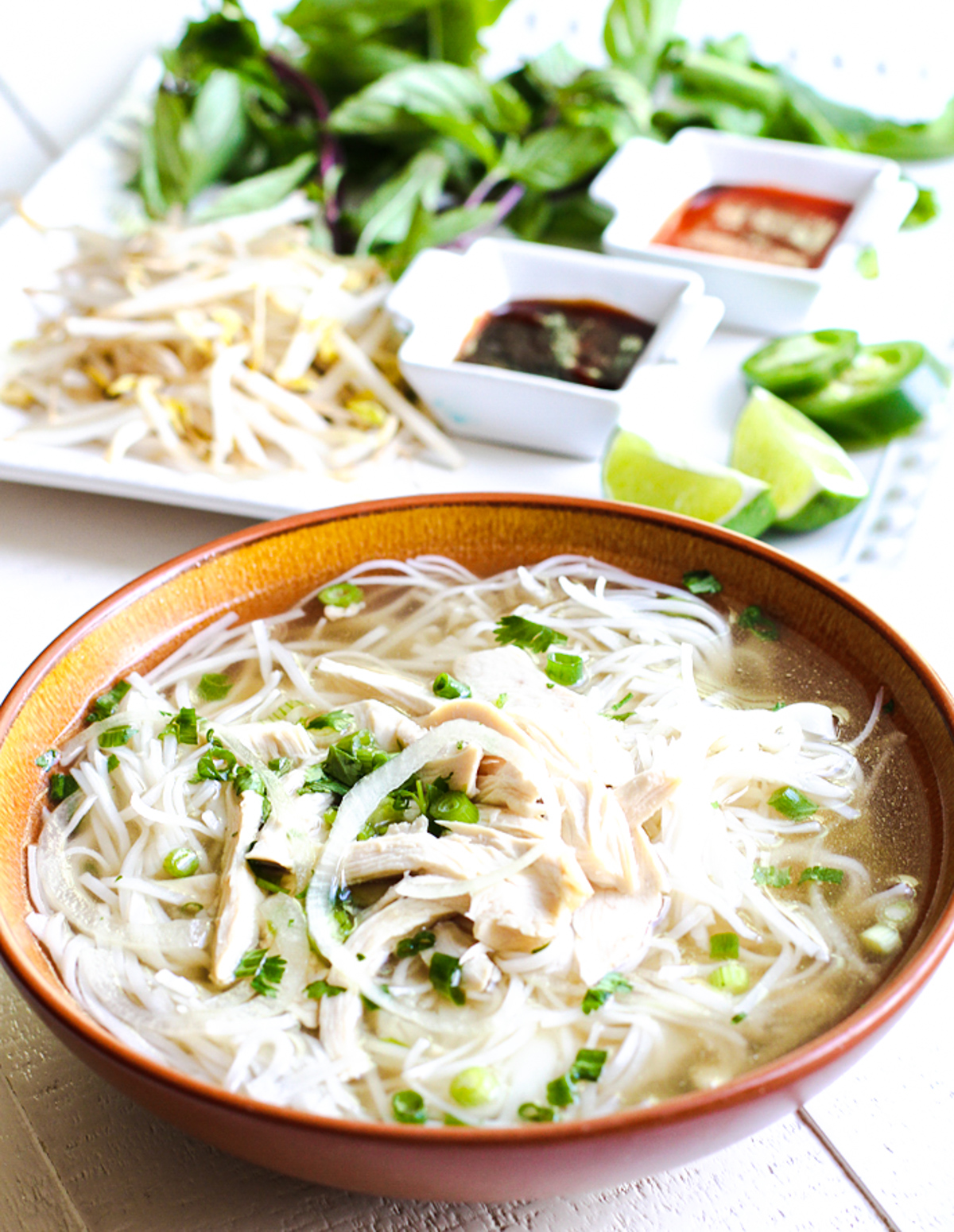 bowl filled with chicken pho ga next to a plate of garnishes