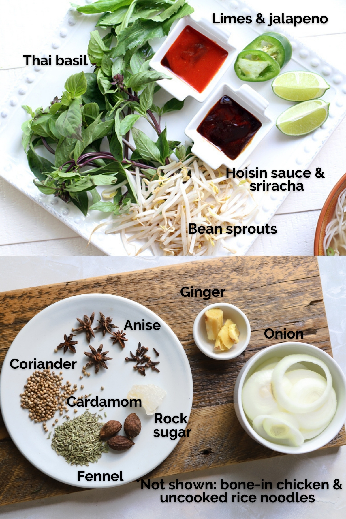 ingredients on a white plate and wood board to make pho ga