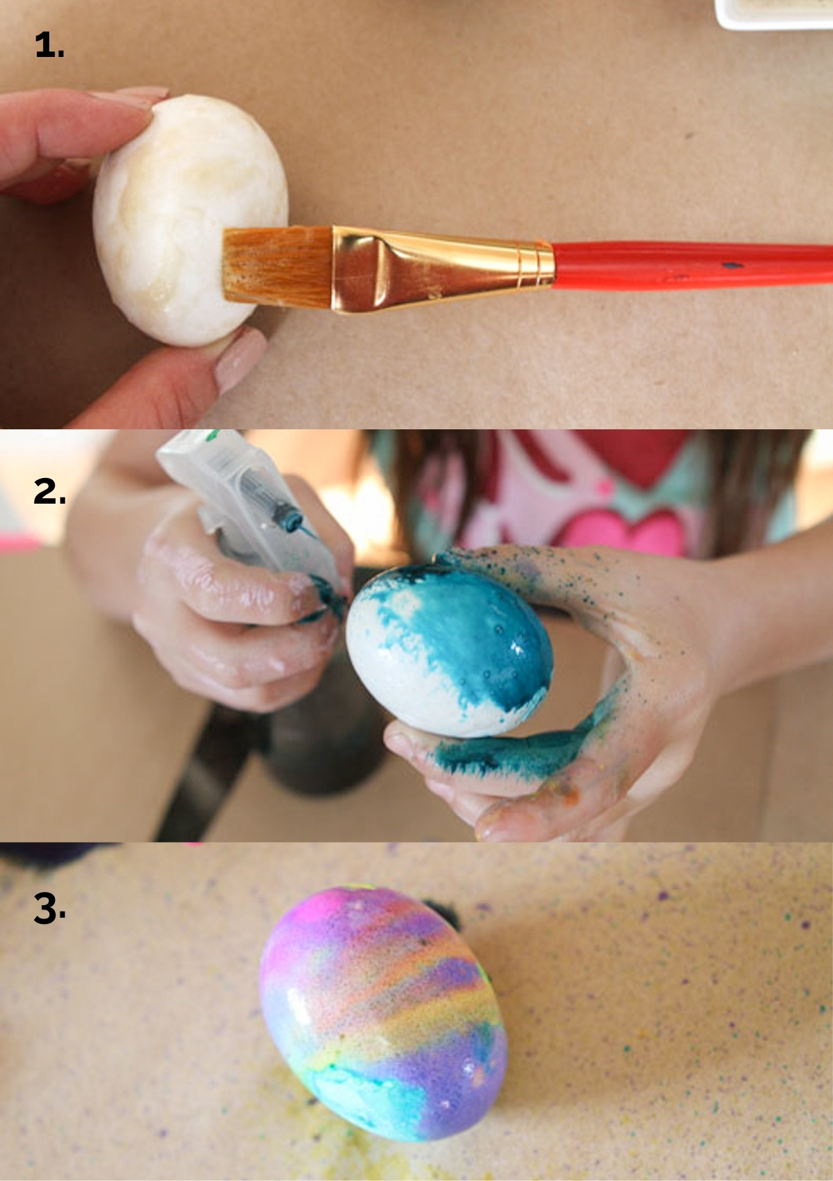 applying watercolors to hardboiled eggs to create watercolor Easter eggs