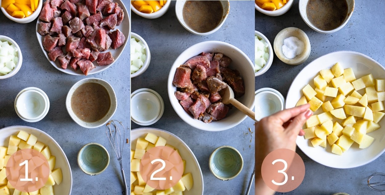 process shots of raw beef sirloin being marinated and cubed potatoes being salted, set against a gray background 