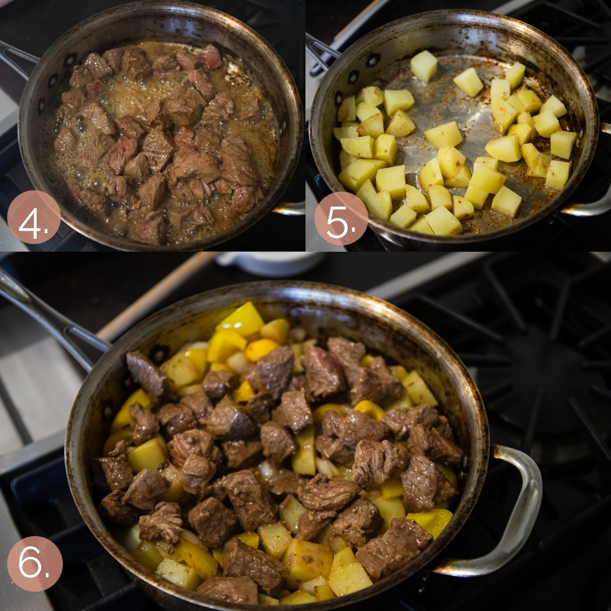 step by step process shots of beef sirloin tips cooking in a pan, potatoes cooking in a pan, then beef and potatoes cooking together