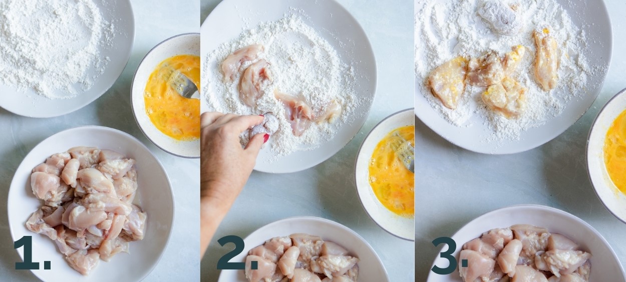 step by step process shots of breading chicken to prepare for cooking in an air fryer