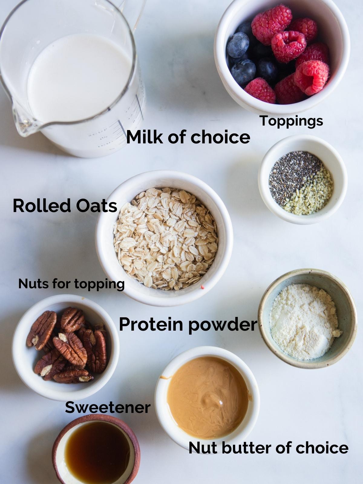 small bowls of ingredients to make overnight oats