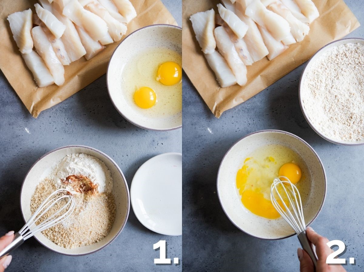 shallow bowls filled with egg wash and flour and breadcrumbs and pieces of raw fish