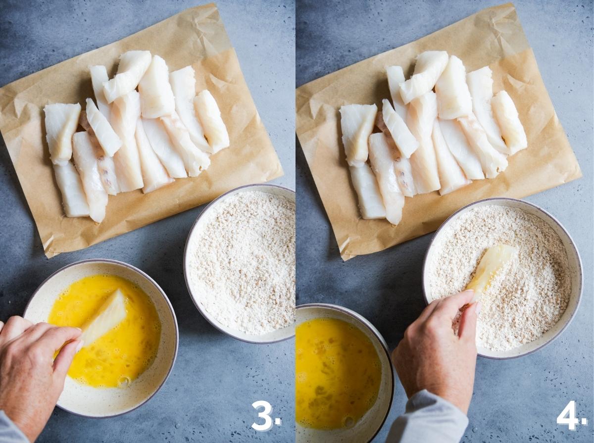 woman dipping fish sticks in egg wash then flour breadcrumb mixture