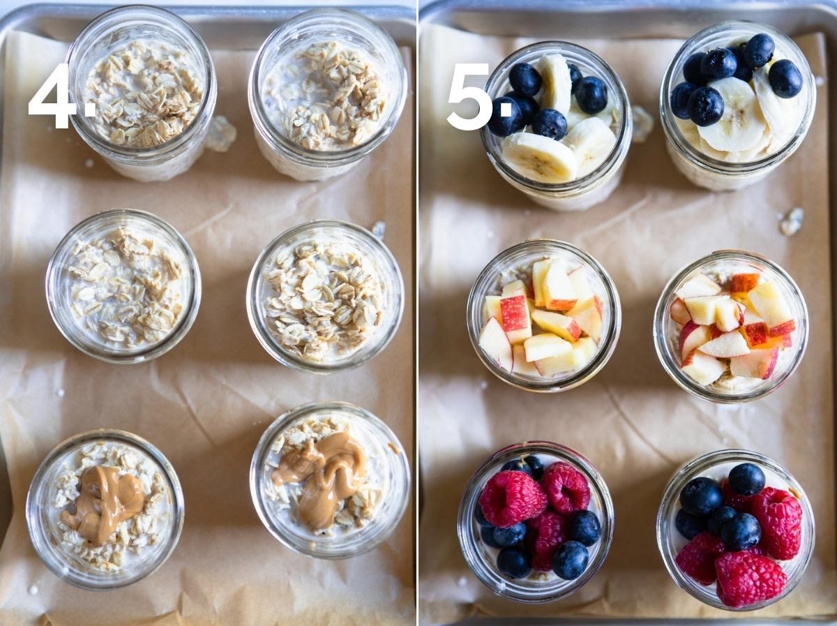 mason jars filled with rolled oats, almond milk and fruit toppings 
