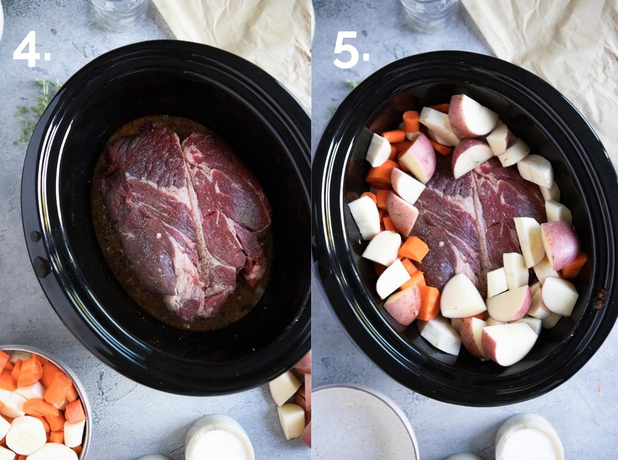 Top round roast sitting in the slow cooker surrounded by broth, potatoes and parsnips and carrots