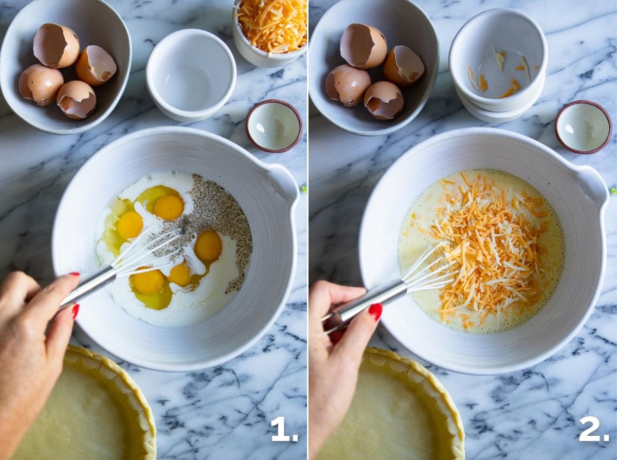 mixing bowl filled with eggs, milk and cheese and whisked together