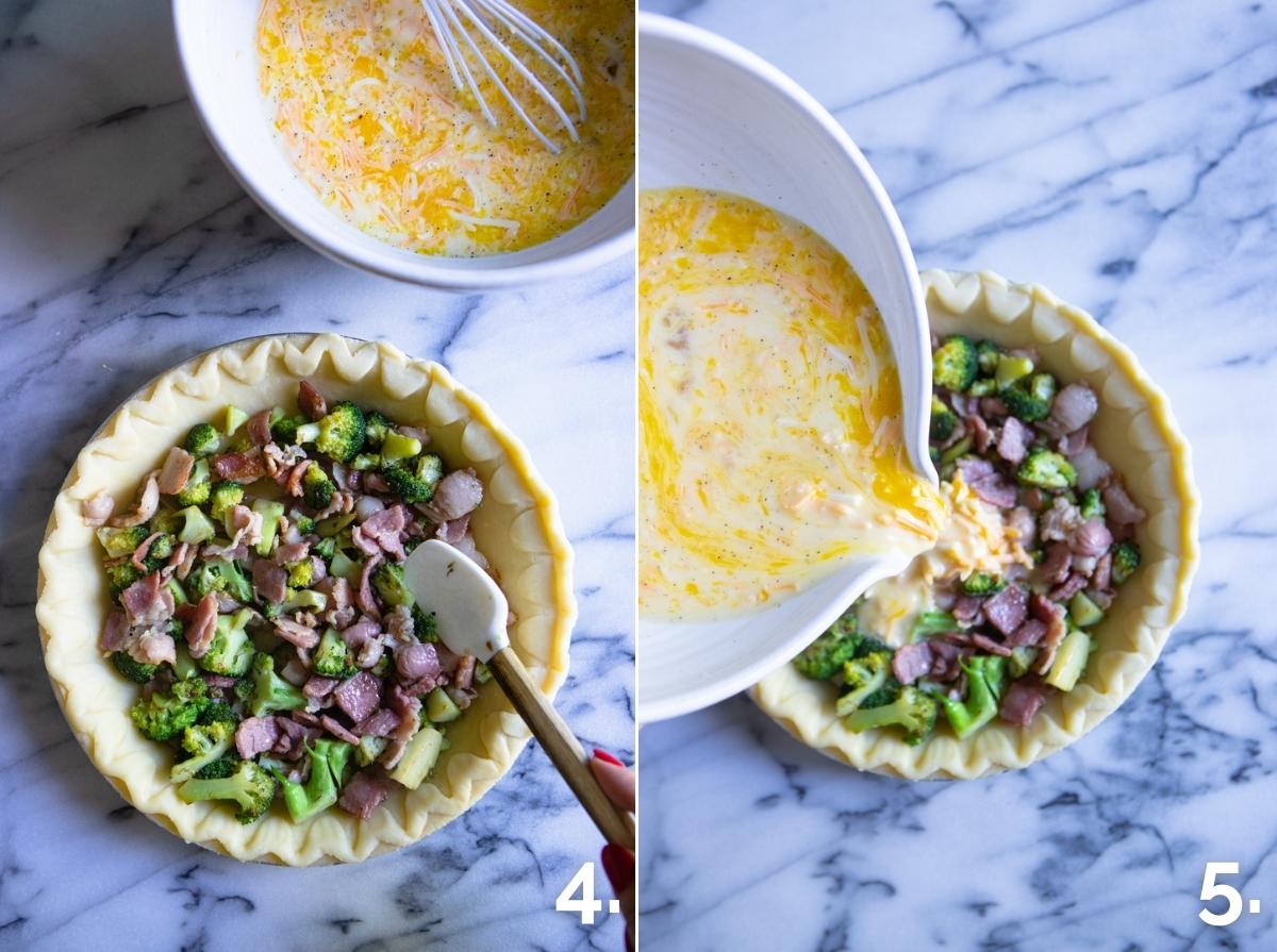 broccoli quiche filling in a pie pan with egg mixture being poured over it