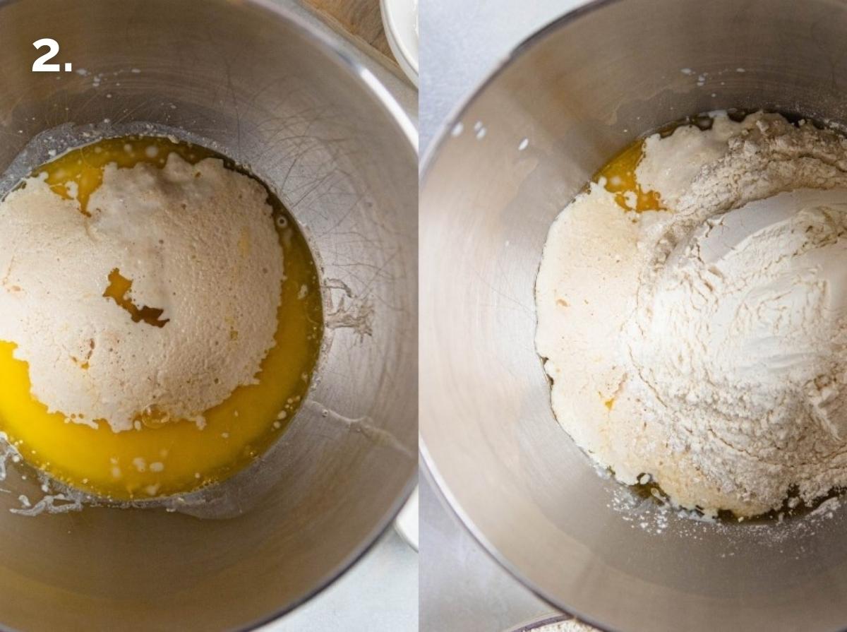 flour and butter added to activated yeast in a large mixing bowl