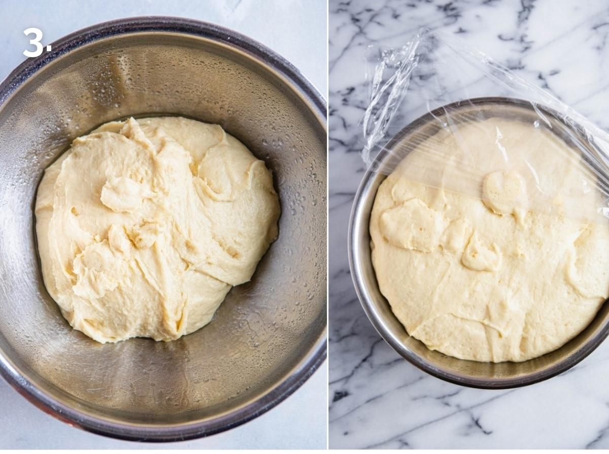 air fryer donuts dough ready to rise in a bowl and then doubled in size