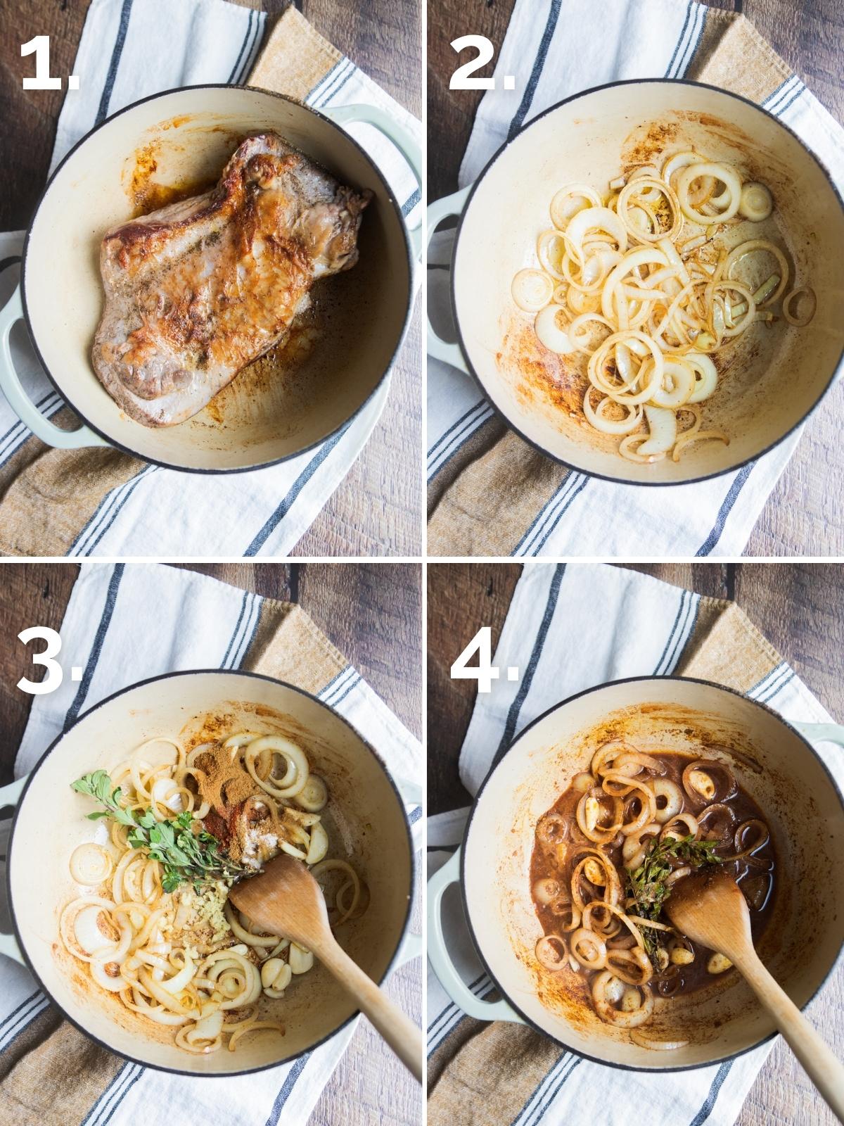 step by step photos of sautéing brisket, onions and spices