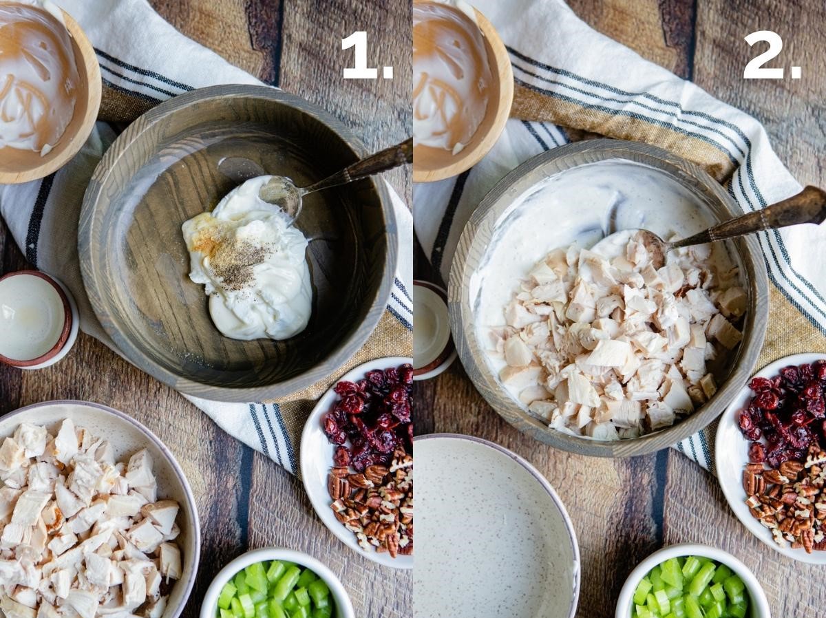 wooden bowl filled with yogurt, mayonnaise and chicken pieces to make a salad 