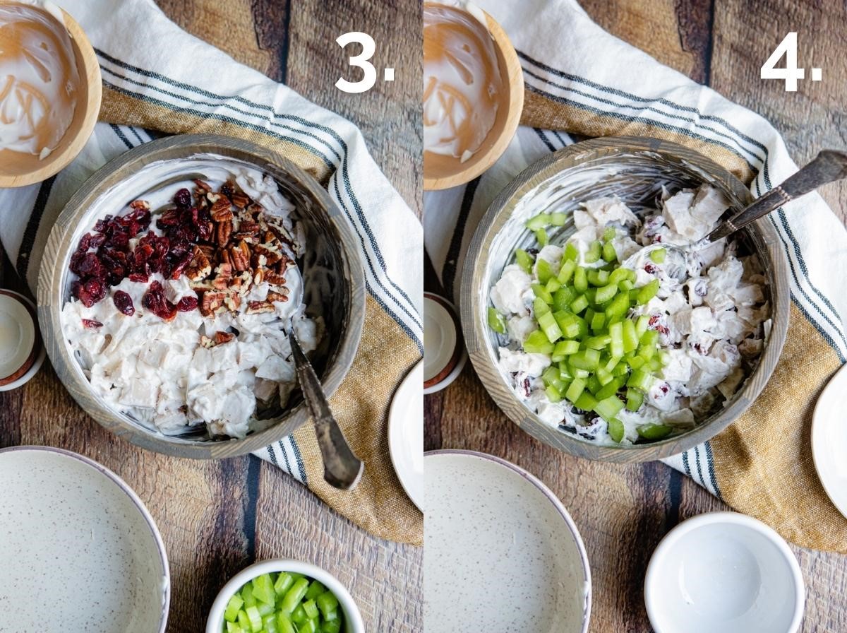 cranberries, pecans and celery being mixed into a bowl of creamy chicken salad