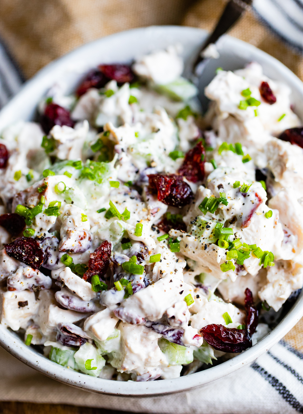 close up photo of chicken salad in a white bowl 