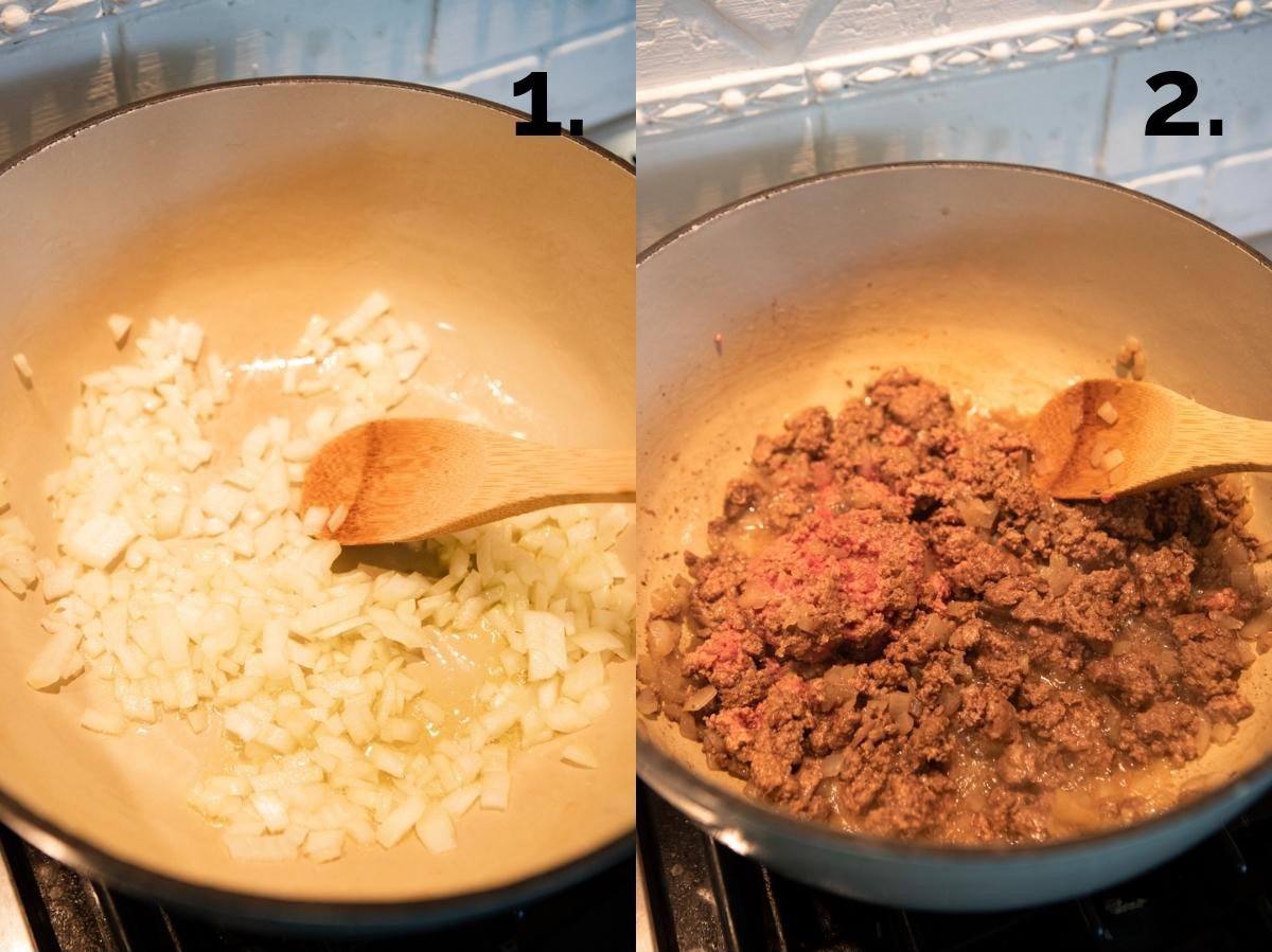 diced onions and ground beef being sauteed in a large Dutch oven 