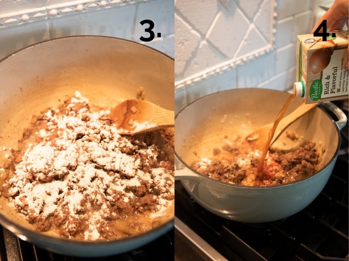 in process shots of beef soup being made with flour sprinkled on top and then beef broth being poured in