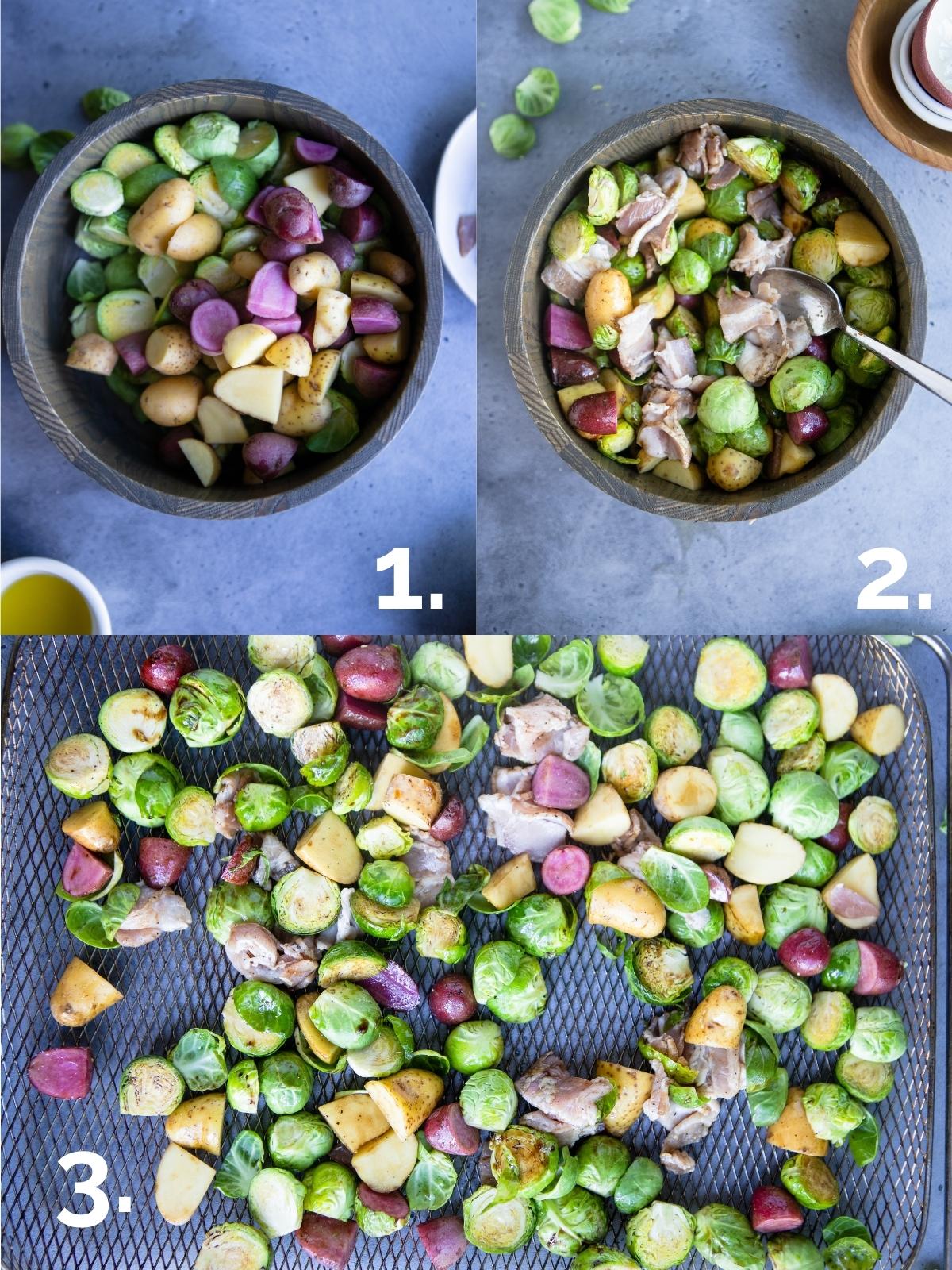 uncooked brussels sprouts, potatoes and bacon tossed in balsamic reduction and olive oil spread out on an air fryer basket