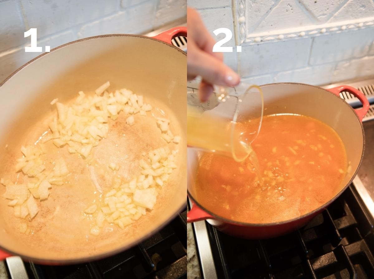 diced onions sautéed in a Dutch oven and chicken broth pouring into the same pot