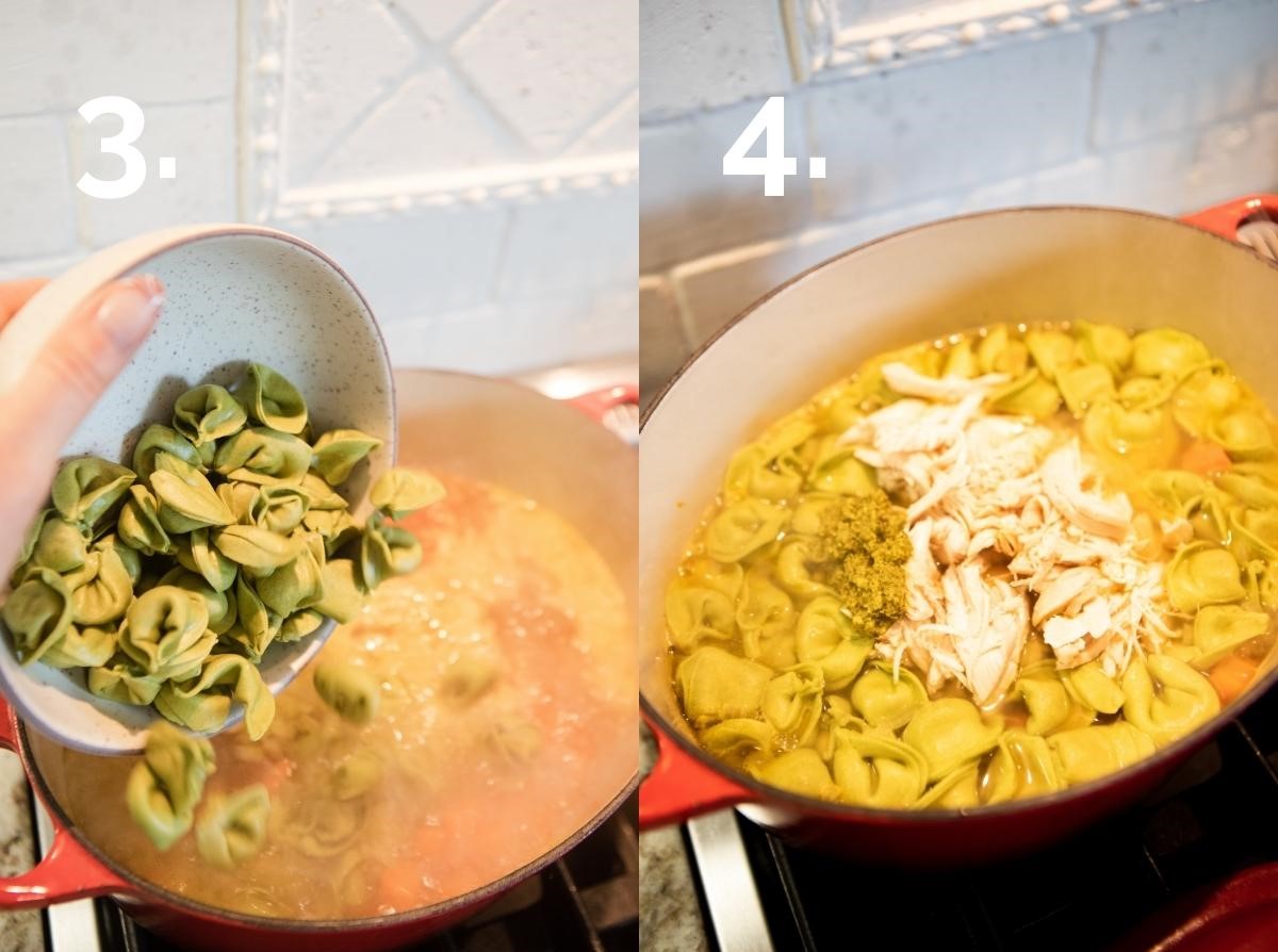 cheese tortellini and shredded chicken being poured into a pot of boiling chicken broth 