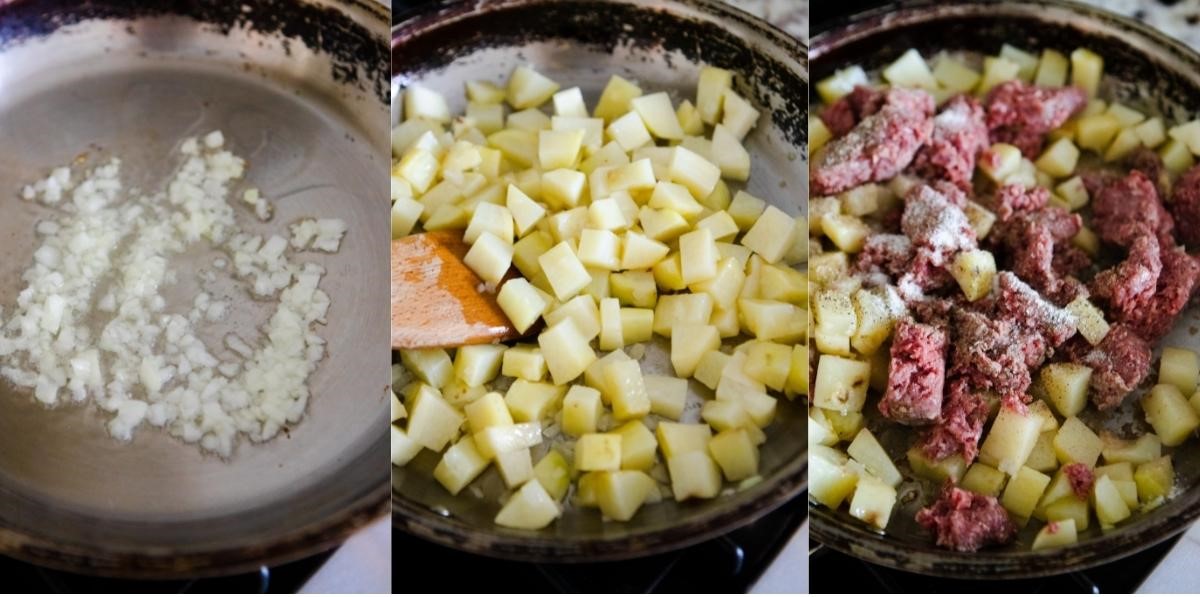 diced onions, potatoes and ground beef being sautéed in a large skillet