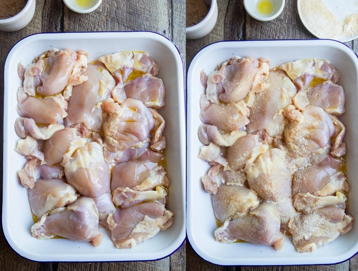 raw chicken thighs covered in olive oil, garlic powder, onion powder and salt