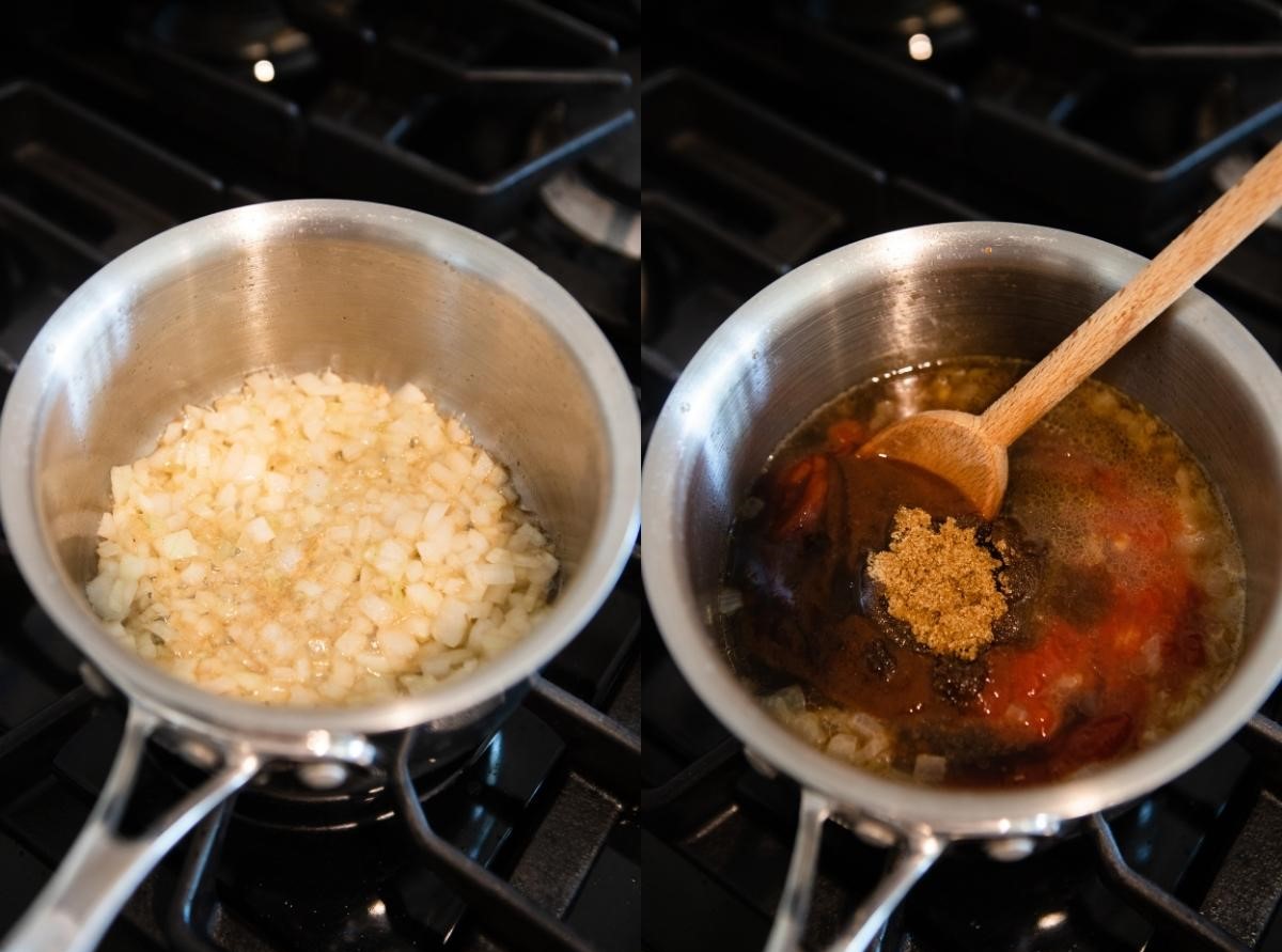 small saucepan on the stovetop being used to make homemade bbq sauce