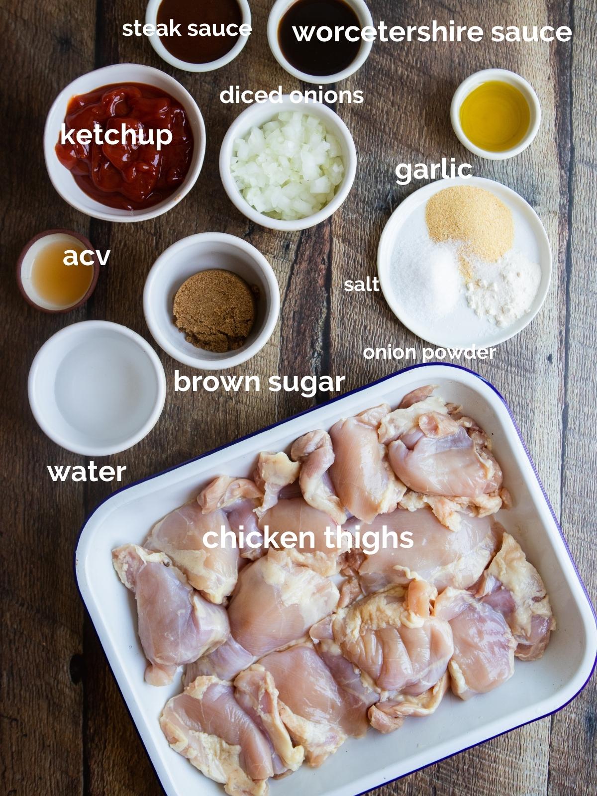 ingredients to make barbecued chicken thighs and homemade barbecue sauce