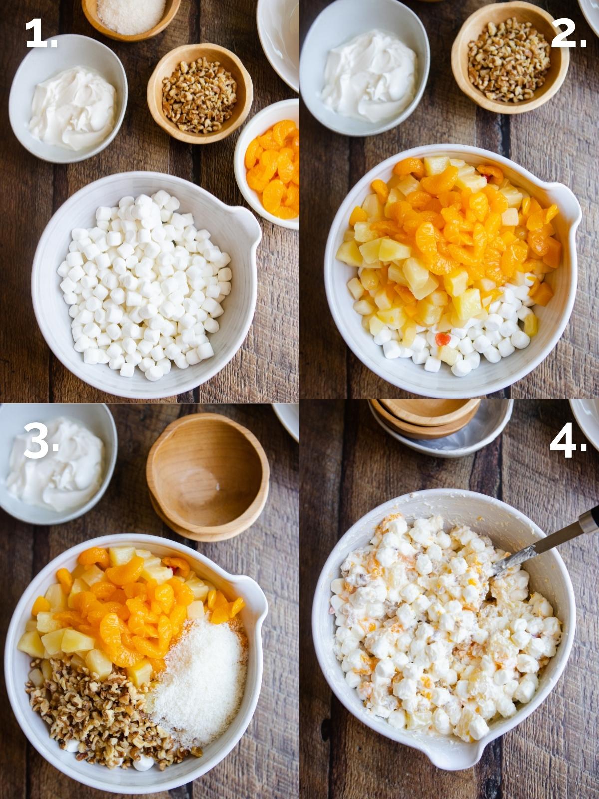 white bowl being used to make ambrosia salad 