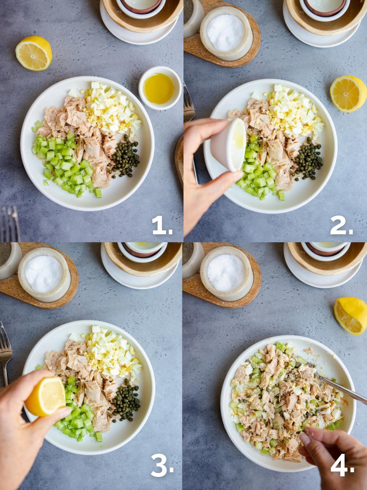 step-by-step pictures of woman making tuna salad with olive oil and lemon juice instead of mayonnaise 