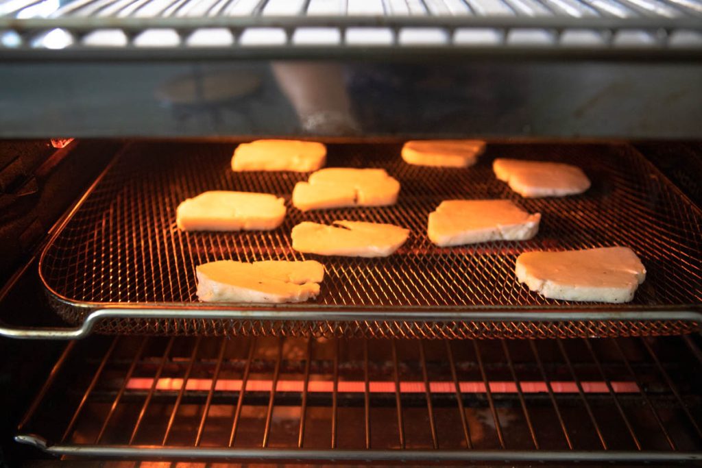 halloumi cheese slices in an air fryer