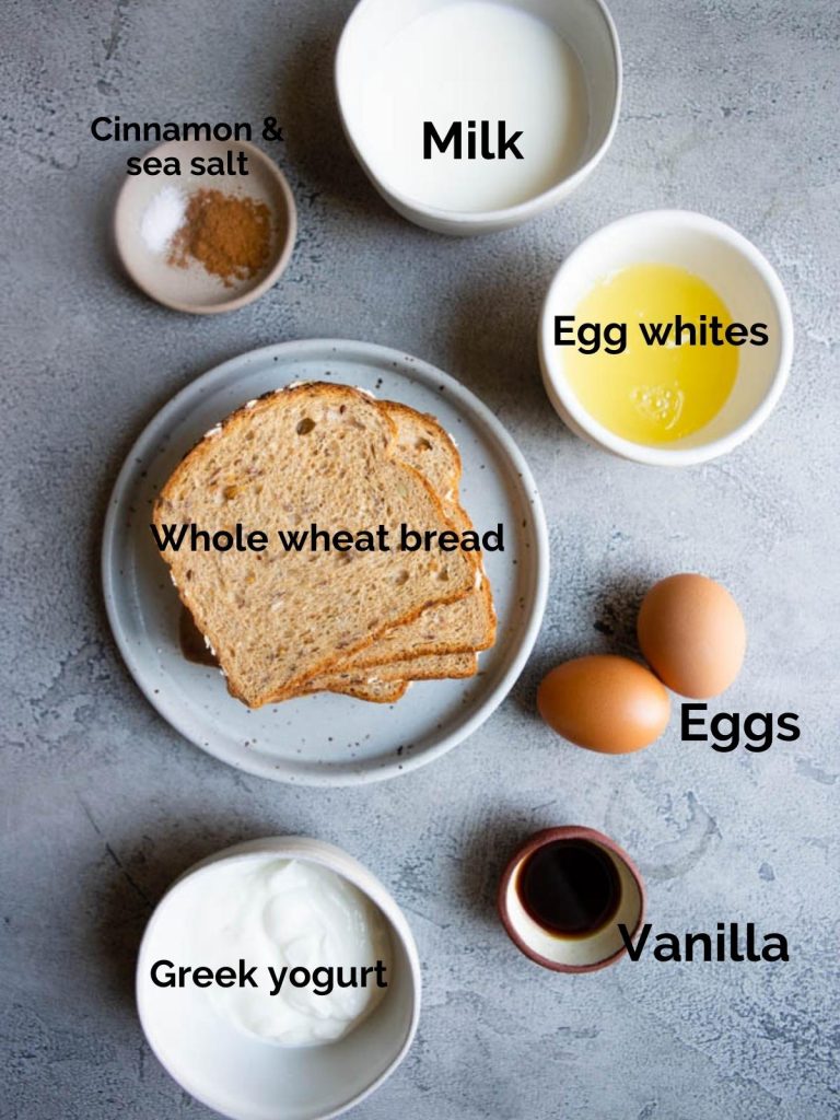 raw ingredients to make high protein french toast placed on white plate and bowls 