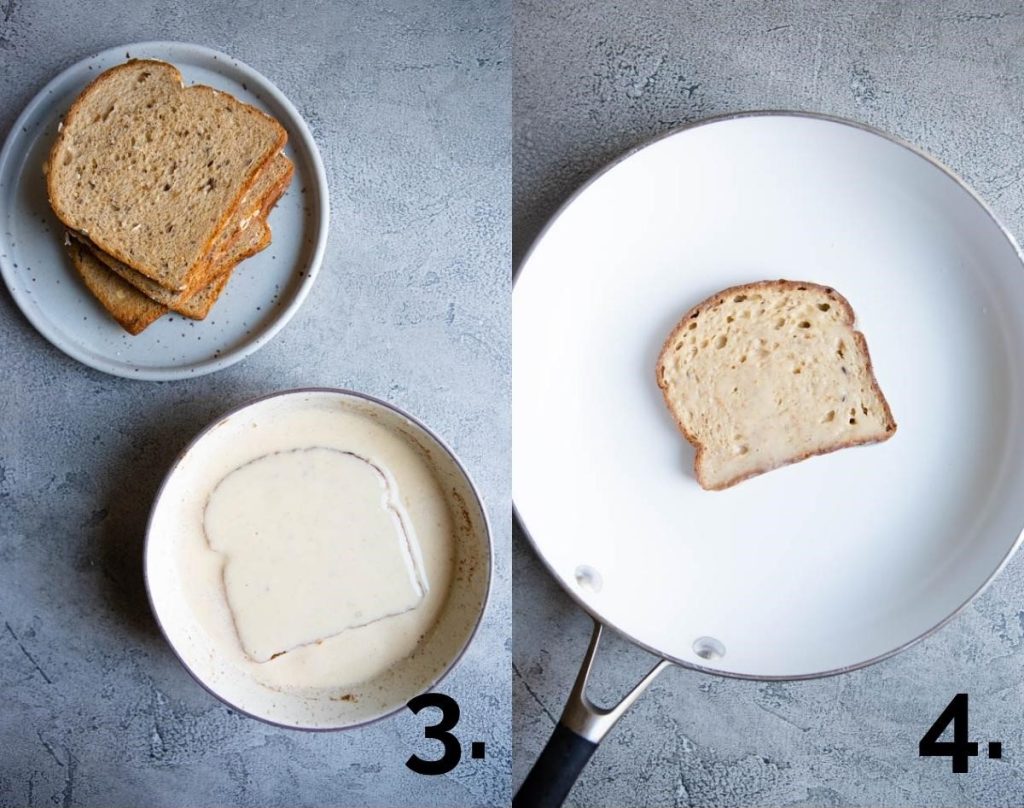 French toast dipped in egg batter and then cooking in a pan