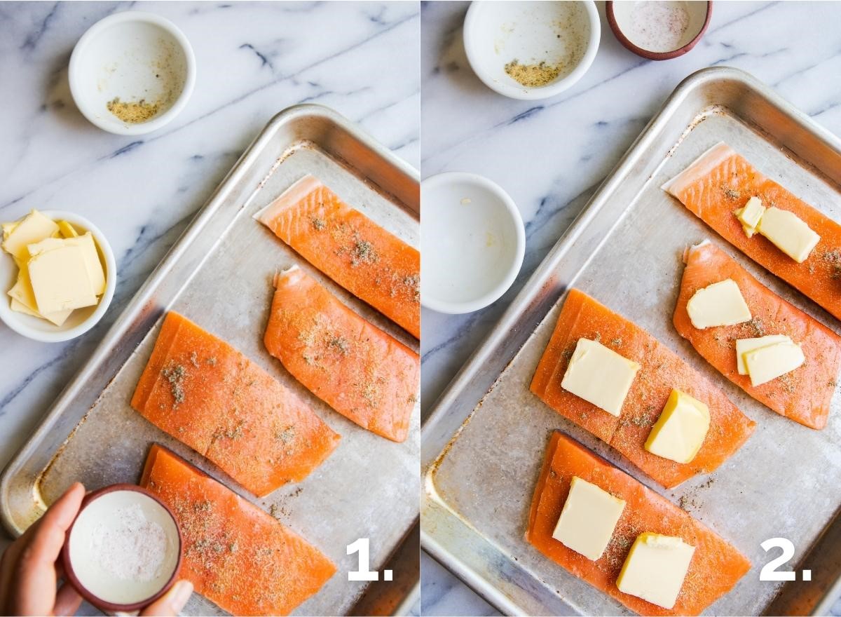 raw salmon being prepared to bake on a baking sheet