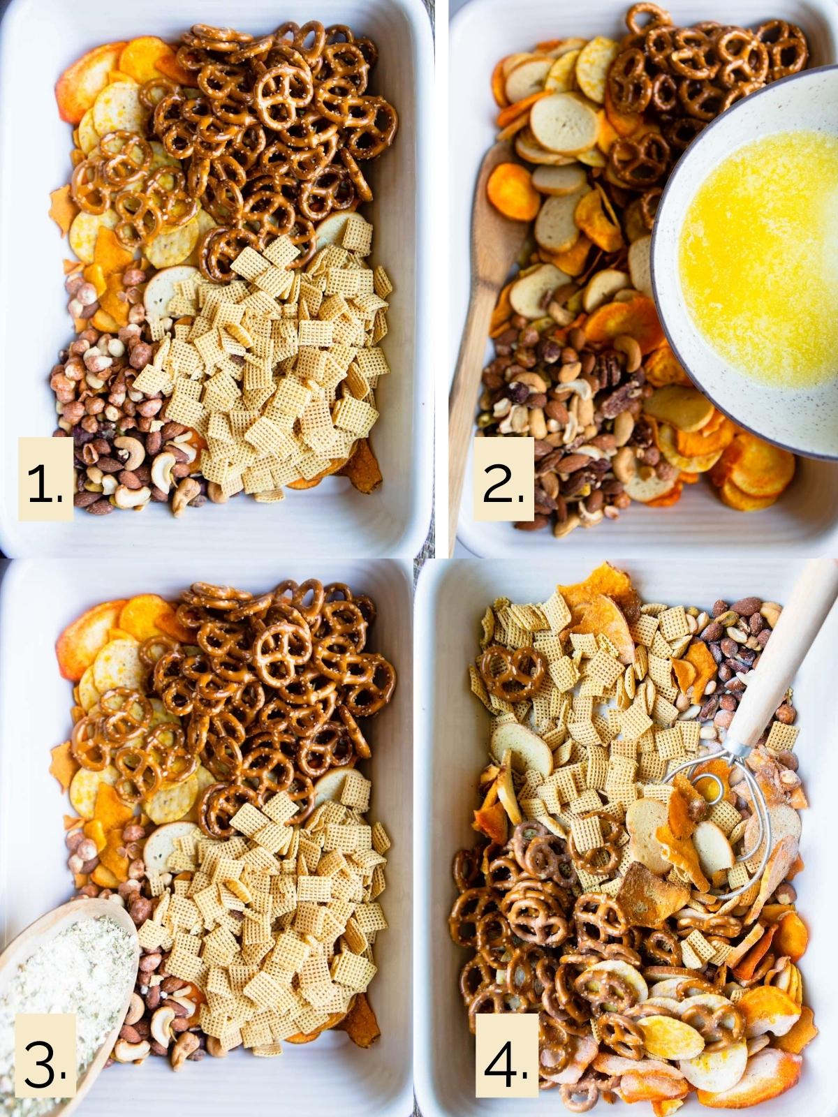 step by step directions showing how to make snack mix