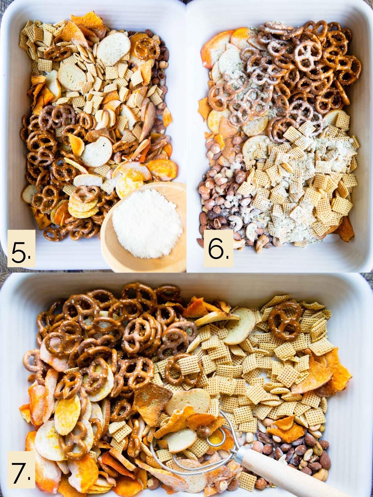 parmesan cheese being tossed into a batch of snack mix, ready to go into the oven