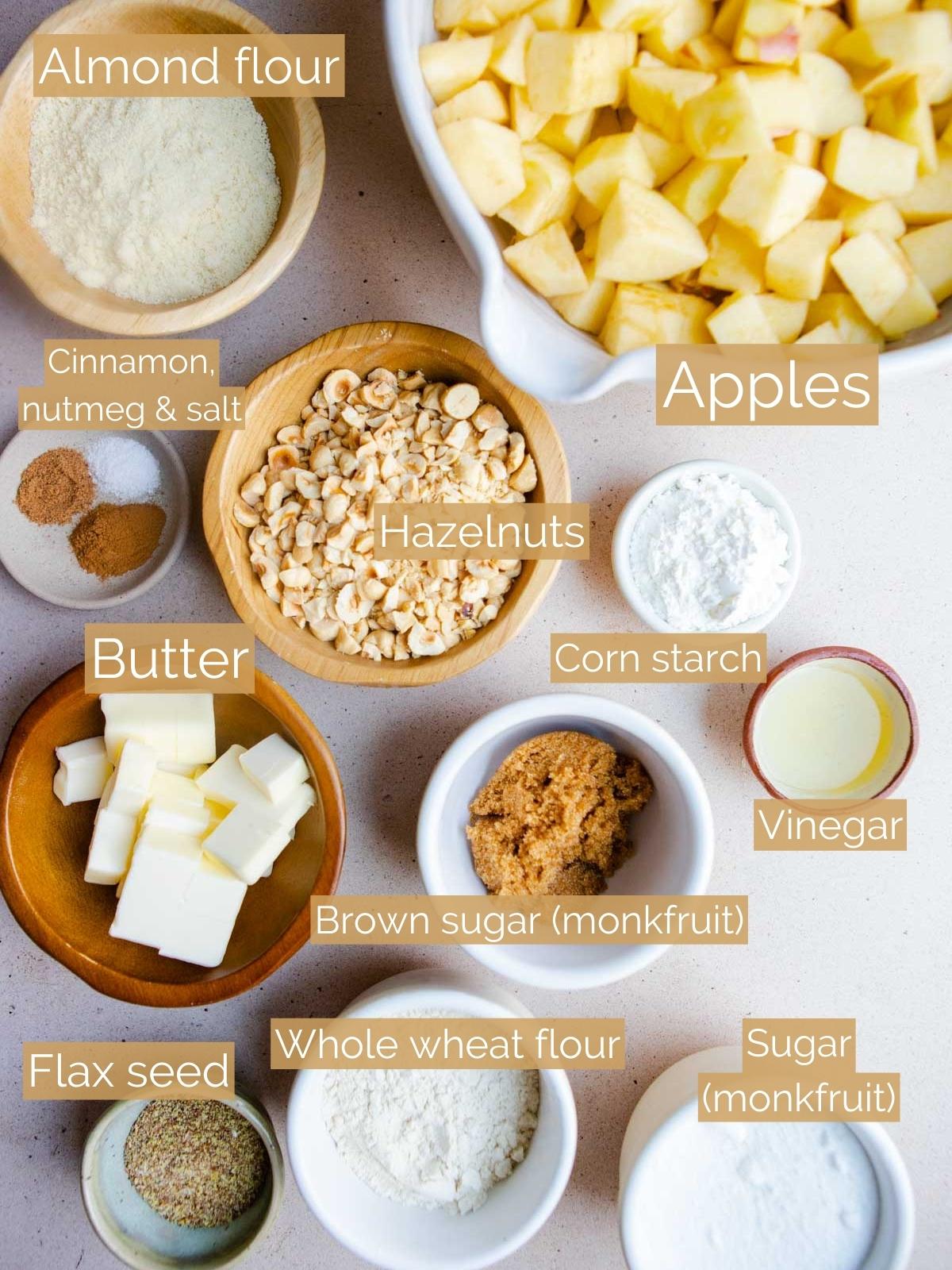 apple crumble ingredients in small round bowls