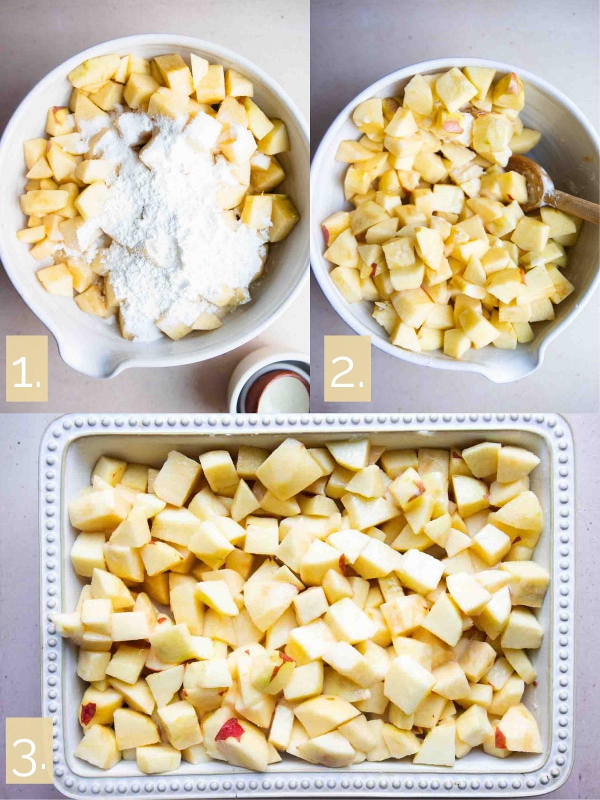 step-by-step directions making healthy apple crumble in a white bowl.