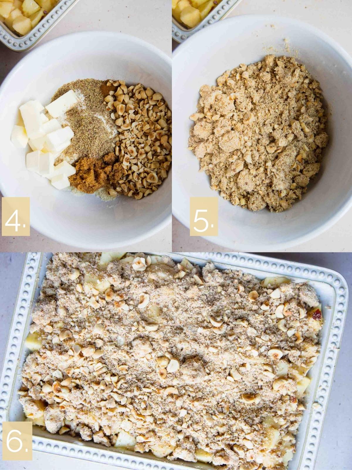 dry crumble ingredients process shots in a white bowl