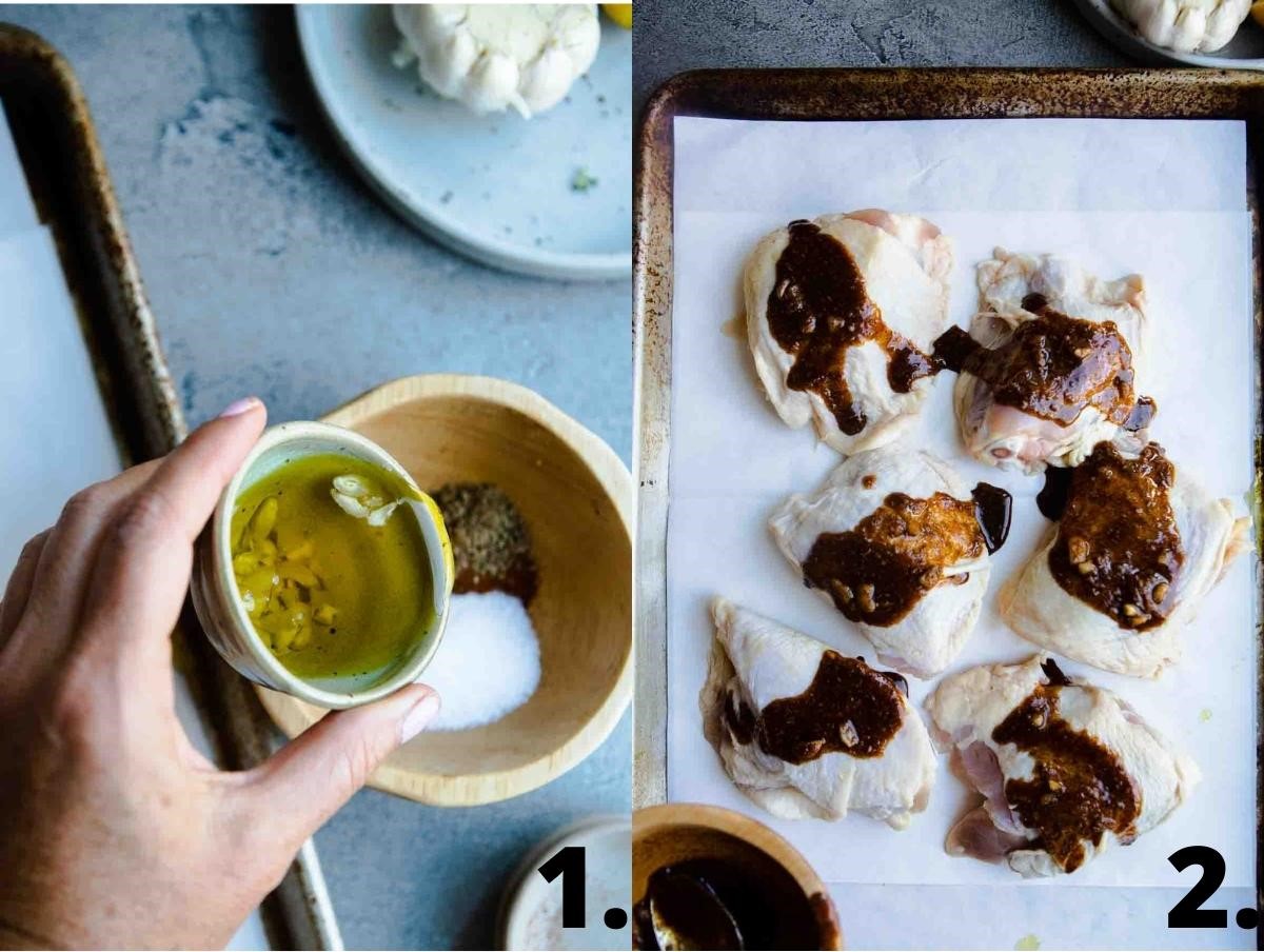 woman pouring olive and garlic into bowl filled with spices to make a marinade then rubbing it on chicken thighs